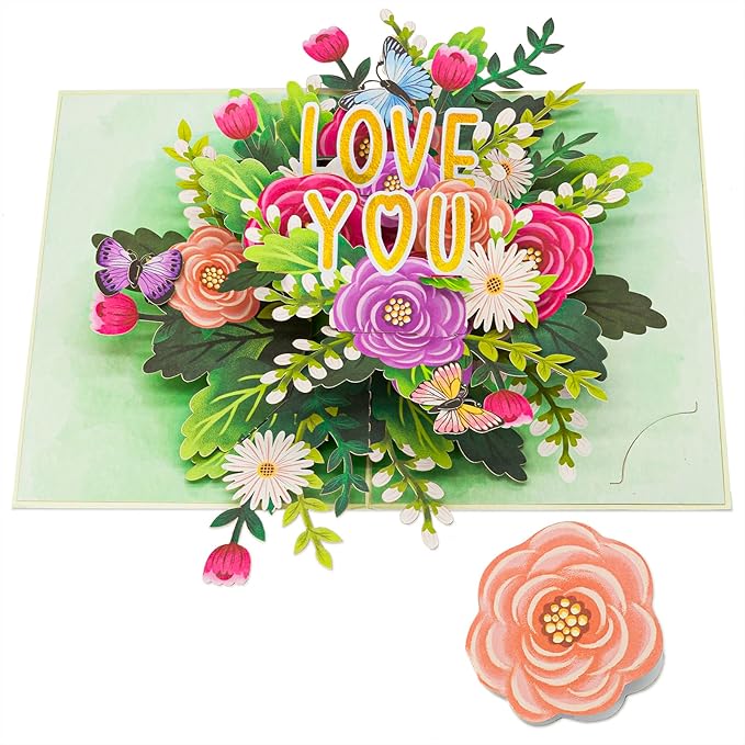 Colorful Floral Roses Pop Up Card, Love You, Flowers, Butterfly, 3D Greeting Cards, Ideal Gifts for Birthday, Mothers Day, Anniversary, Valentines Day, 5x7 - Includes Envelope And Message Note