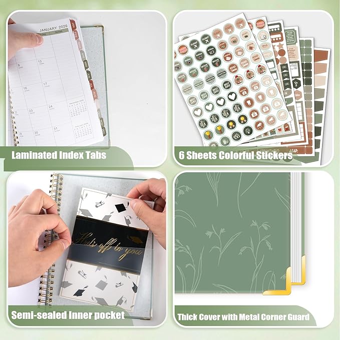 GuassLee 2026 Planner, Weekly and Monthly Planner from January 2026-December 2026, 8.4"x 6.1" Aesthetic Greenery Agenda Book with Back Pocket, Stickers, Coated Tabs, A5 Size
