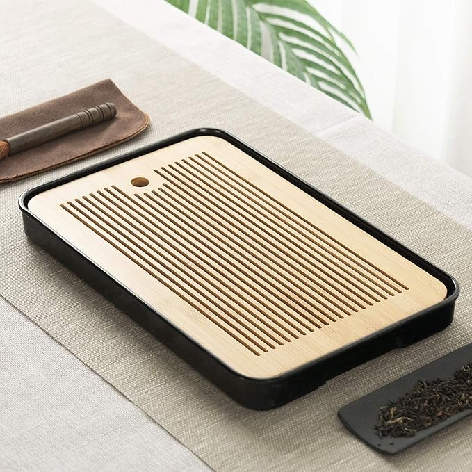 14 Inch Bamboo Chinese Gongfu Tea Tray Table Box with Water Storage for Kungfu Tea Set (Style 5 Black)