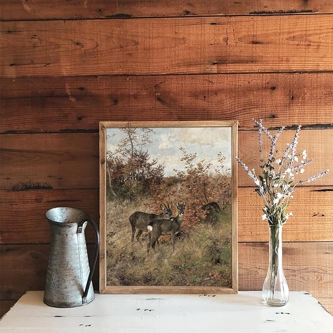 Uniro Vintage Fall Wall Art for Bedroom Decor, Rustic Farmhouse Wall Decor Autumn Deer Countryside Wall Painting Canvas Prints Landscape Oil Painting Fall Wall Decor Vintage Art Pictures for Bedroom Bathroom Kitchen Decor( 8" x 10"-UNFRAMED)