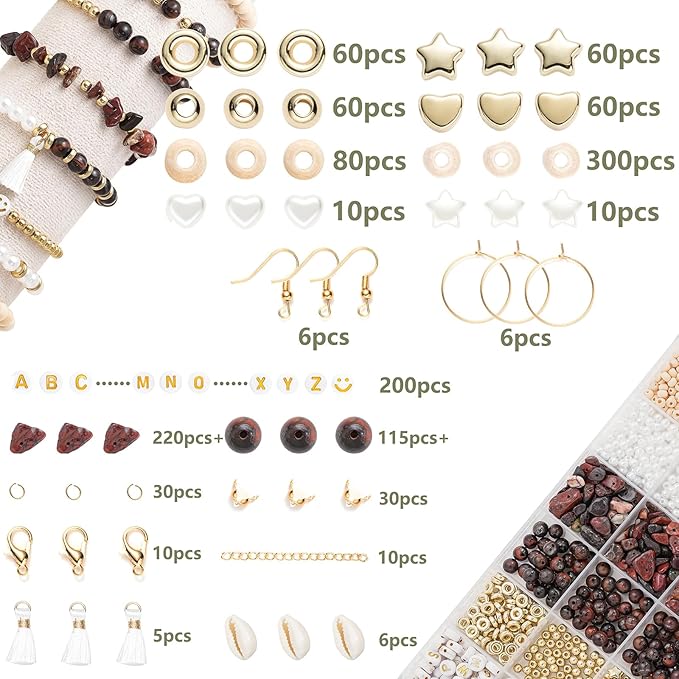 Xylise DIY Jewelry Making Kit, 1000+ Beads with Letters, Turquoise and Pearl Beads, Gold Charms, Bracelet Supplies (Red)