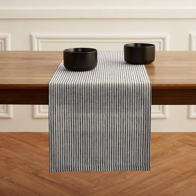 Solino Home Linen Table Runner 60 Inches - Narrow Stripe 100% Pure Linen Black and White Table Runner 14 x 60 Inch Ideal for Dresser and Coffee Tables - Winter, Spring, Easter