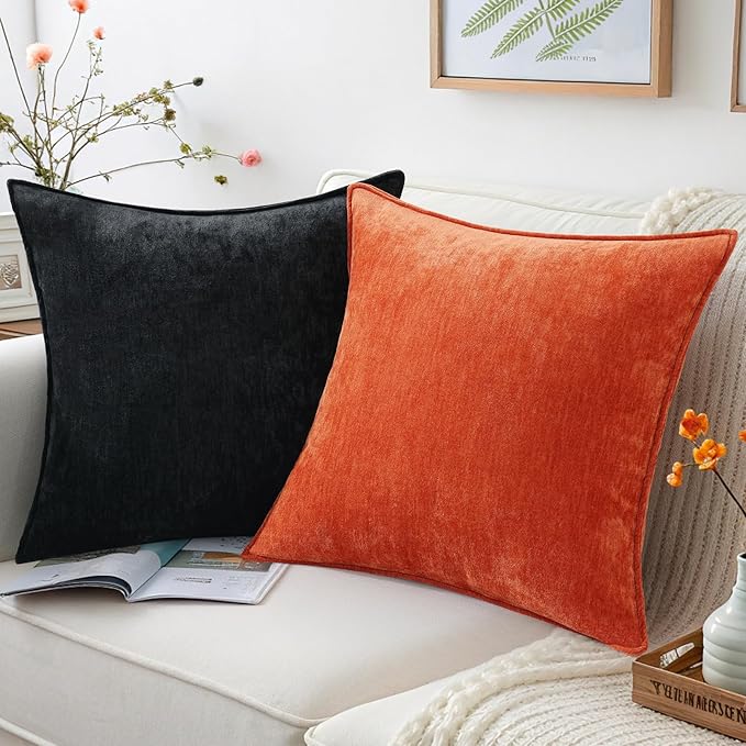 decorUhome Spring Couch Throw Pillow Covers 16x16 Set of 2, Decorative Soft Velvet Neutral Chenille Pillow Covers with Elegant Design for Sofa Bed Living Room Home Decor, Black