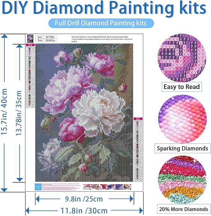 NWQZBYHT Flowers Diamond Art Kits for Adults,Peony 5D Diamond Painting Kits for Beginner,DIY Round Full Drill Diamond Dots,Flowers Gem Painting kit for Adults Crafts Home Wall Decor 12x16 Inch