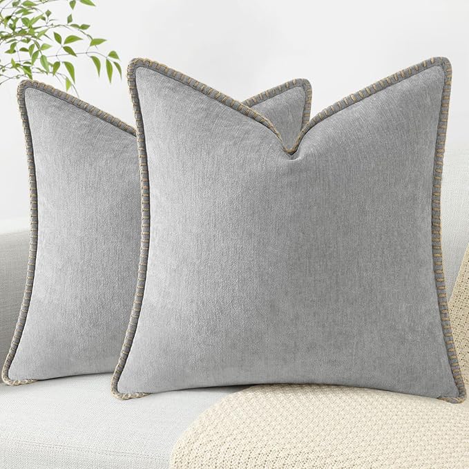 decorUhome Spring Chenille Soft Throw Pillow Covers 18x18 Set of 2, Farmhouse Velvet Neutral Decorative Pillow Covers with Stitched Edge for Couch Sofa Bed Home Decor, Neutral Gray