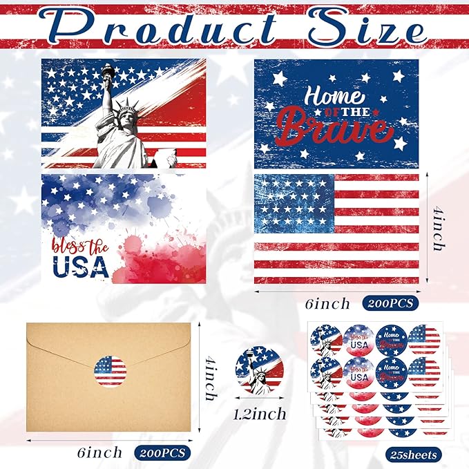 Seajan 200 Sets Patriotic Greeting Cards with Envelopes Stickers 4 x 6 Inch American Flag Blank Cards USA Thank You Note Postcards Bulk for Veteran's Day 4th of July Memorial Day