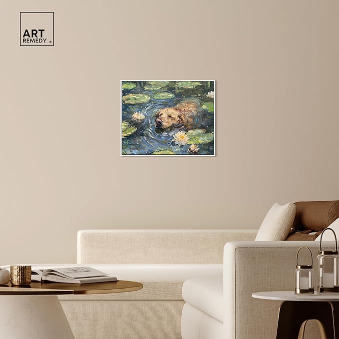 Art Remedy Monet Water Lilies Dog Rustic Chic Farmhouse Canvas Wall Art, White Floater Frame, 30"x24"