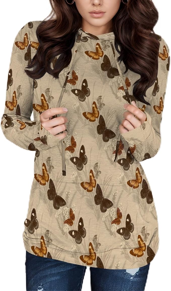 Hooded Sweatshirt Women Fall Butterfly Sweatshirts Lightweight Long Sleeve Pullover Tops Trendy Outfits Plus Size