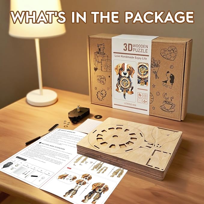 Cutywood 3D Puzzles for Adults Clock-Beagle Design Model Kit-Mechanical DIY Pendulum Clock with Roman Numerals-Desk Home Office Decor Personalized Gift for DIY Lovers
