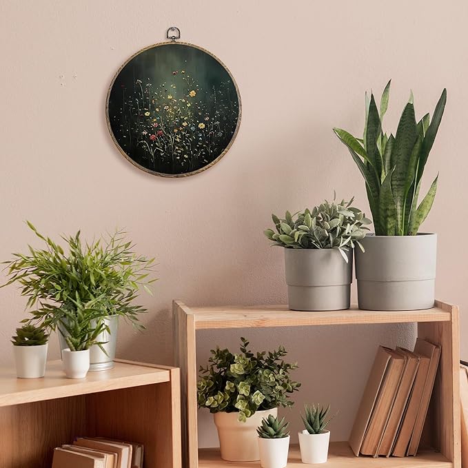 FUGWN Vintage Wildflower Floral Round Wall Art Decor Framed, Dark Cottagecore Moody Flower Botanical Canvas Artwork Prints, Floral Wall Hanging Decorations for Home Bedroom Living Room, 10x10 Inch