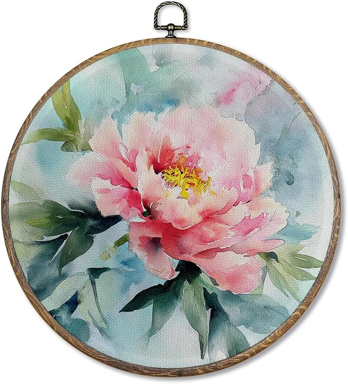 FUGWN Vintage Pink Watercolor Peony Round Wall Art Decor Framed, Floral Canvas Artwork Prints, Watercolor Flower Botanical Wall Hanging Decorations for Home Bedroom Living Room, 10x10 Inch
