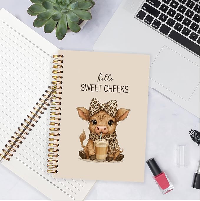 Hello Sweet Cheeks Highland Cow Notebook, Coquette Preppy Leopard Bow Cow Journal, Highland Cows Gifts Spiral Notebook Journal for Note Taking, Cows Office Supplies, 5.5x8.3 Inch