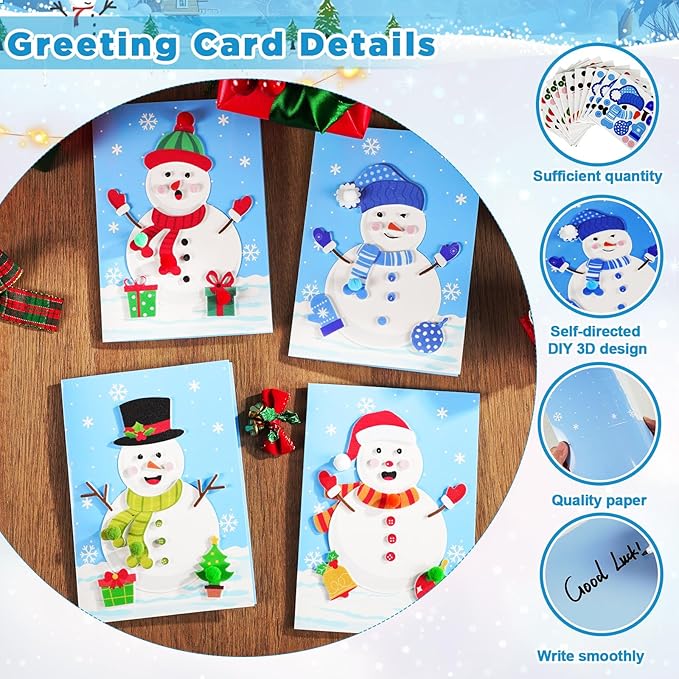 24 Sets Christmas Winter Card Making Craft Kit for Kids with Envelopes DIY 3D Snowman Cards Crafts Make Your Own Greeting Card Making Supplies for Holiday Xmas Party Home Classroom Decor Activities