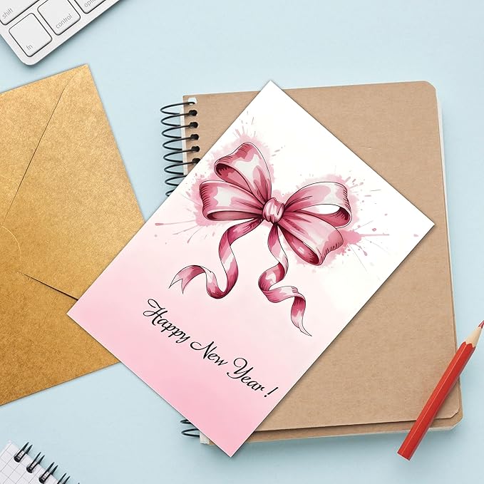 (5.3x8in) Happy New Year Card, Elegant Pink Bow with Watercolor Splash, Classy Greeting Card for Women, Friends, Coworkers or Family, New Year’s Eve Celebration Stationery Envelope (Xmas 38)