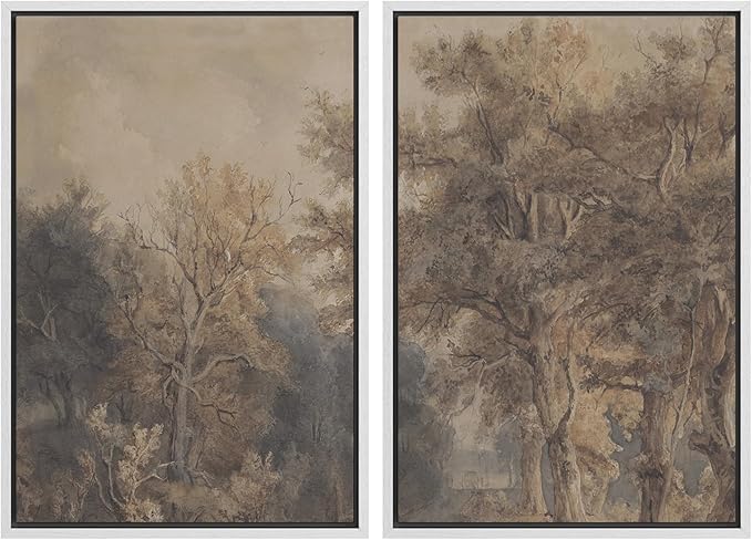 SIGNWIN Framed Canvas Print Wall Art Set Vintage Tree Sketch Classic Sepia-Toned Forest Illustrations Modern Art Scenic Colorful for Living Room, Bedroom, Office - 24"x36"x2 White