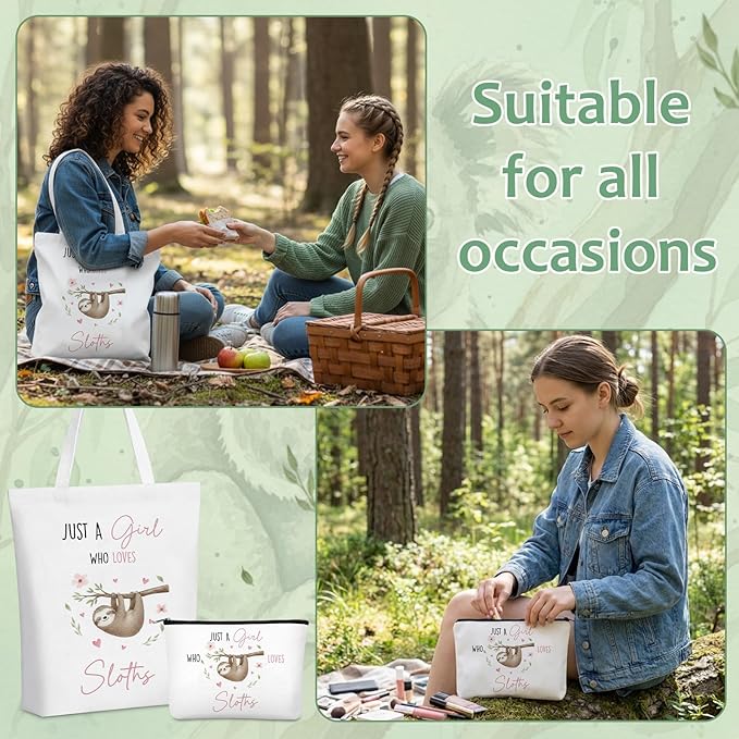 Ceenna 5 Pcs Sloth Gifts for Women, Just a Girl Who Loves Sloth Cosmetic Makeup Bag, Canvas Bag, A6 Spiral Notebook Lined Journal, Writing Gel Ink Pen and Funny Keychain for Girl Animal Lovers Gift