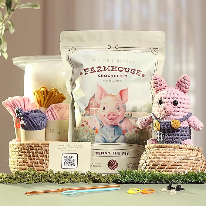 Amigurumi Crochet Kit for Beginners Adults and Kids, Learn to Crochet Kits for Adults Beginner with Easy Yarn, Stuffed Crochet Animal Kit with Step-by-Step Video Tutorials - Penny the Pig