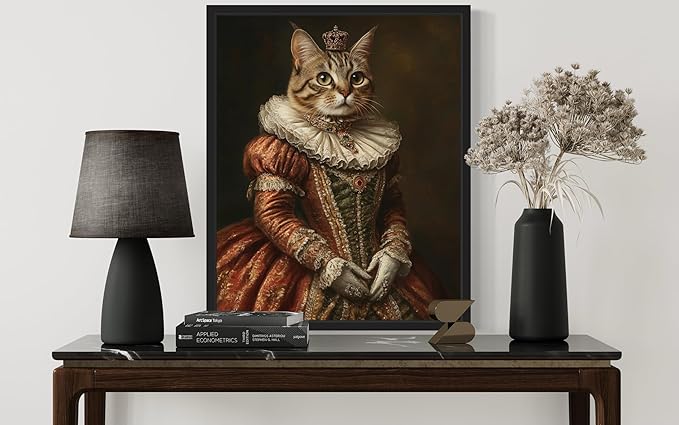 Medieval Cat Art Poster Print, Cat Kitten Painting Humor Portrait Pet Artwork Decor Gallery A8 (Medieval Cat, 8 x 10 inches, Black Frame)