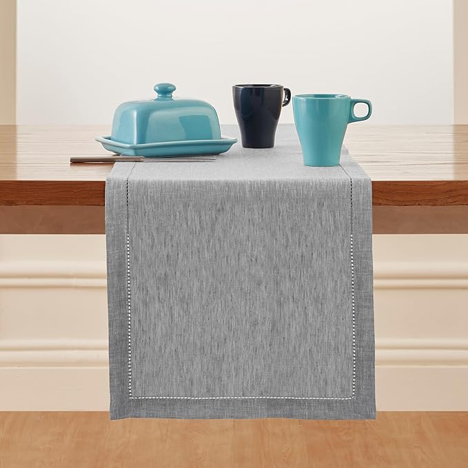 Solino Home Linen Table Runner 108 Inches Long - Milan Hemstitch 100% Pure Linen Oyster Grey Dining Table Runner 14 x 108 Inch for Fall, Autumn, Christmas, Holiday, New Year