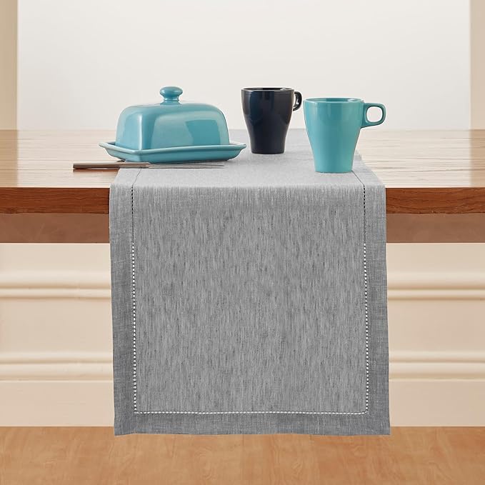 Solino Home Linen Oyster Grey Table Runner 36 Inches - Milan Hemstitch, 100% Pure Linen Coffee Table Runner 14 x 36 Inch Ideal for Dresser Tables - Spring, Easter