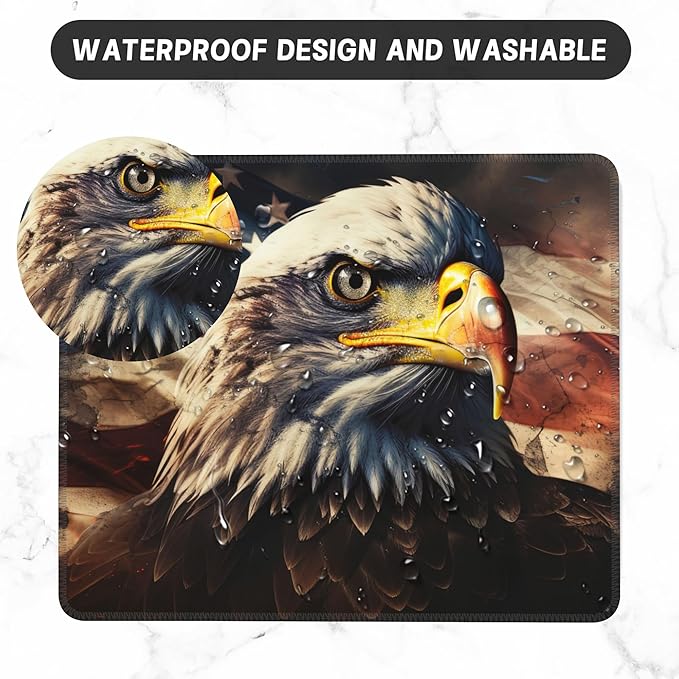 Mouse Pad, Bald Eagle On American Flag Mouse Pads for Desk,Soft Computer Mouse Mat Square Waterproof Non-Slip Rubber Base Gaming MousePads for Women Men,Laptop,Office