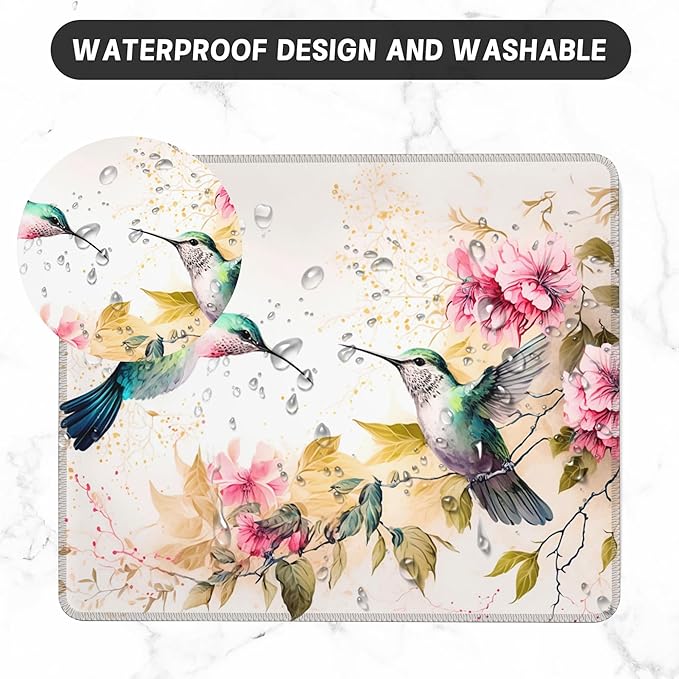 Mouse Pad, Watercolor Colibri Birds and Pink Flowers Mouse Pads for Desk,Soft Computer Mouse Mat Square Waterproof Non-Slip Rubber Base Gaming MousePads for Women Men,Laptop,Office