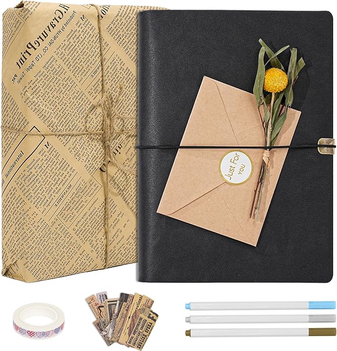 Vienrose Photo Album Scrapbook Kit, 3 Ring Faux Leather Cover DIY Memory Book Kraft Paper with 30 Sheets 60 Pages, Vintage Scrapbooking Supplies Set for Wedding, Anniversary, Family, Gifts, Black