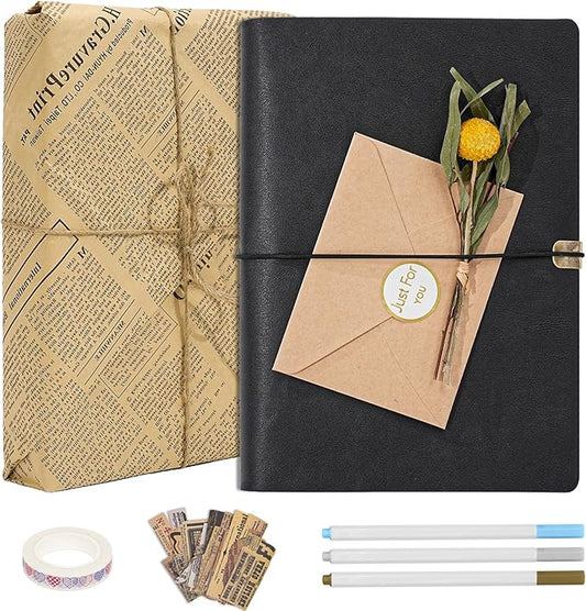 Vienrose Photo Album Scrapbook Kit, 3 Ring Faux Leather Cover DIY Memory Book Kraft Paper with 30 Sheets 60 Pages, Vintage Scrapbooking Supplies Set for Wedding, Anniversary, Family, Gifts, Black