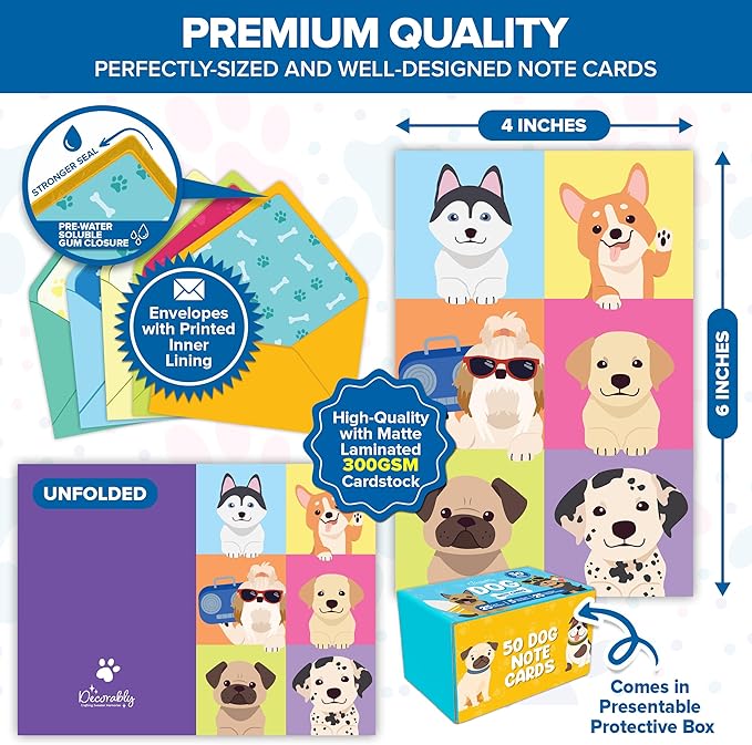 Decorably 50 Pack 6x4in Dog Note Cards with Envelopes and Stickers, 25 Adorable Designs for Friends, Family and Loved Ones, Blank Inside - Baby Shower, Kid's Party, Birthday, Gifting & Mailing