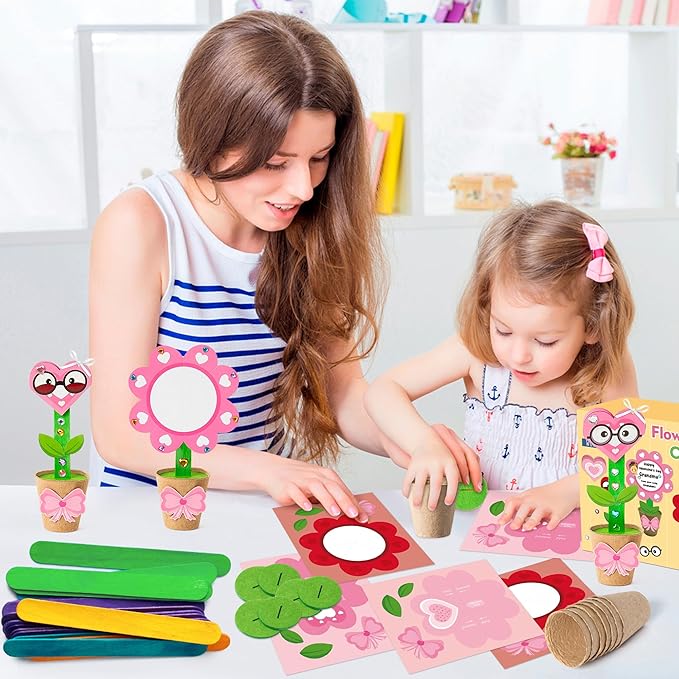 WATINC Valentine's Day Foldable Flower Paper Pot Craft Kits - 24 Packs Make Your Standing Flowers Gift Crafts Decoration, Fun DIY Decor Home School Classroom Art Activities for Kids (Heart Flower)