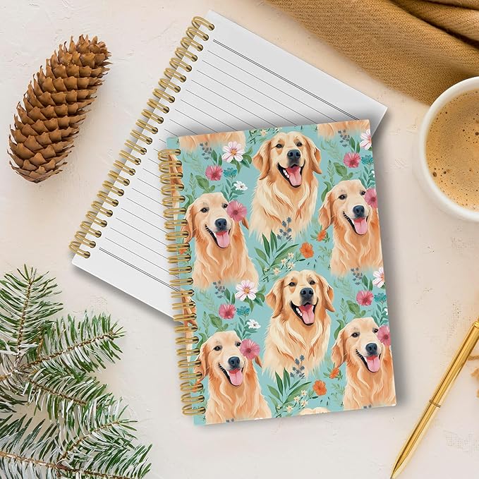 Cute Dog Golden Retriever Floral Journal Notebook - Puppies Dog Flower Notebooks College Ruled for Work School, Gifts for Dog Mom Dog Lover, Office Supplies, Hardcover Spiral Notebook 5.5"x8.3"