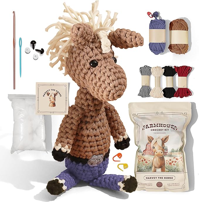 Amigurumi Crochet Kit for Beginners Adults and Kids, Learn to Crochet Kits for Adults Beginner with Easy Yarn, Stuffed Crochet Animal Kit with Step-by-Step Video Tutorials - Harvey the Horse