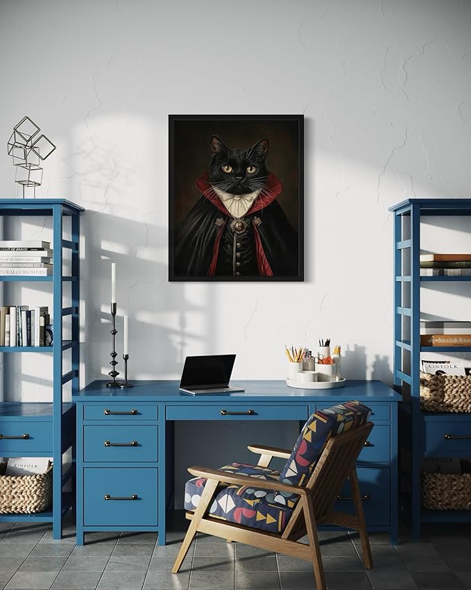 Dracula Portrait Art Poster Print, Cat Kitten Painting Humor Portrait Pet Artwork Decor Gallery A8 (Dracula, 16 x 20 inches, Black Frame)