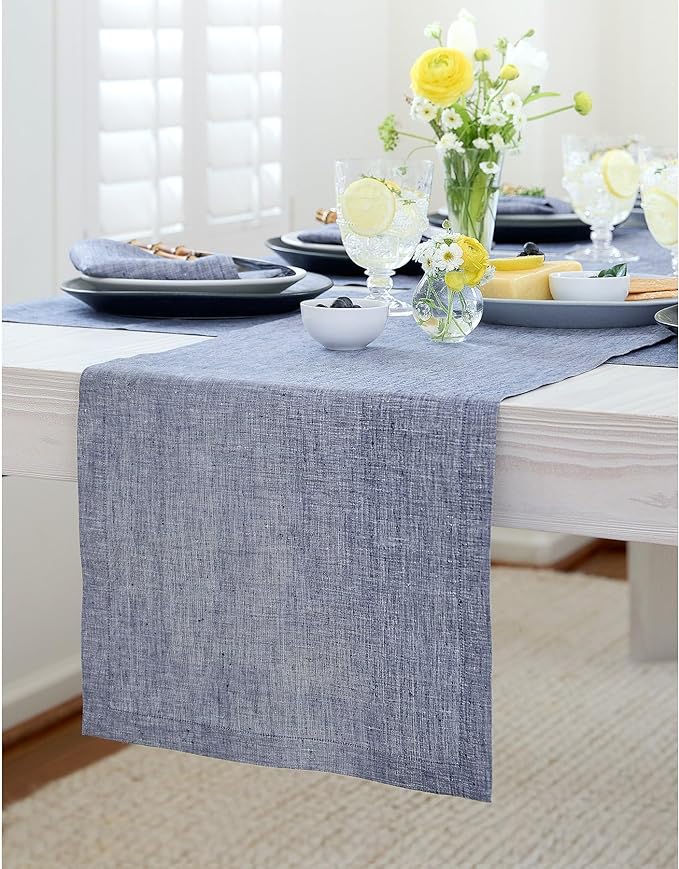 Solino Home Linen Table Runner 72 Inches Long - Athena, 100% Pure Linen Chambray Indigo Table Runner 14 x 72 Inch for Dining, Winter, Spring, Easter