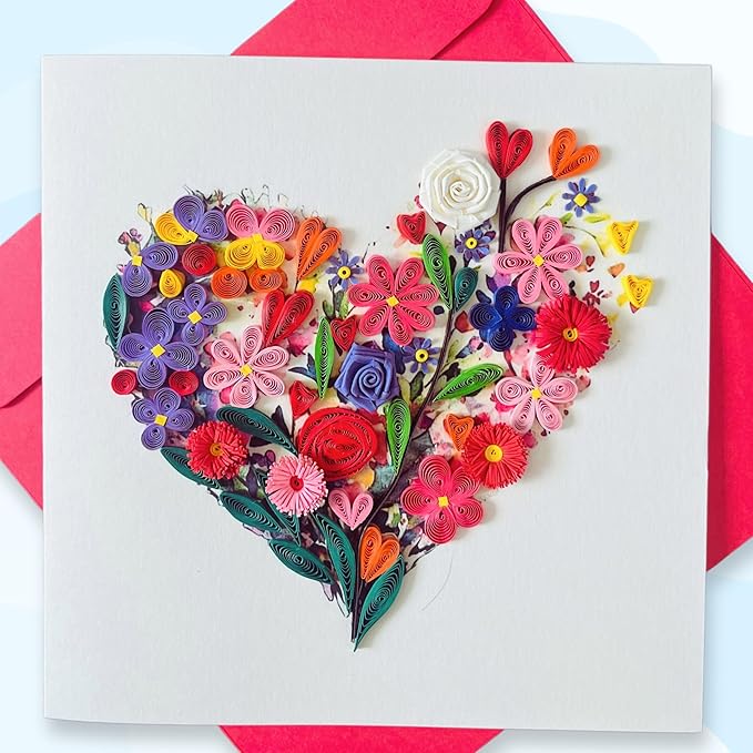 Quilling Cards, handmade card, quilled cards with Handmade Art Quilling birthday card for women, Birthday card, mother... colorful heart design (Flowers Heart 1)