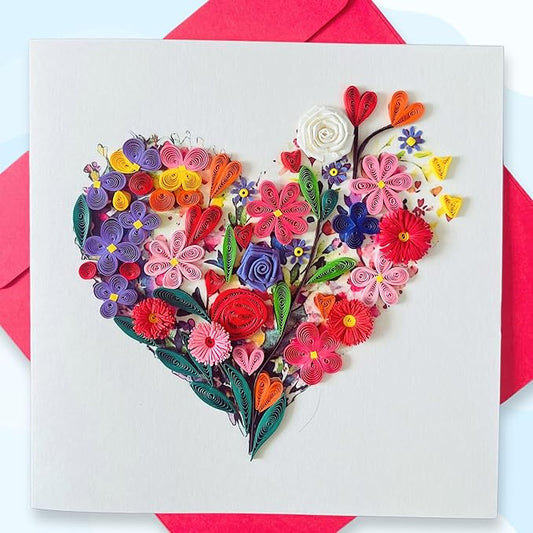 Quilling Cards, handmade card, quilled cards with Handmade Art Quilling birthday card for women, Birthday card, mother... colorful heart design (Flowers Heart 1)
