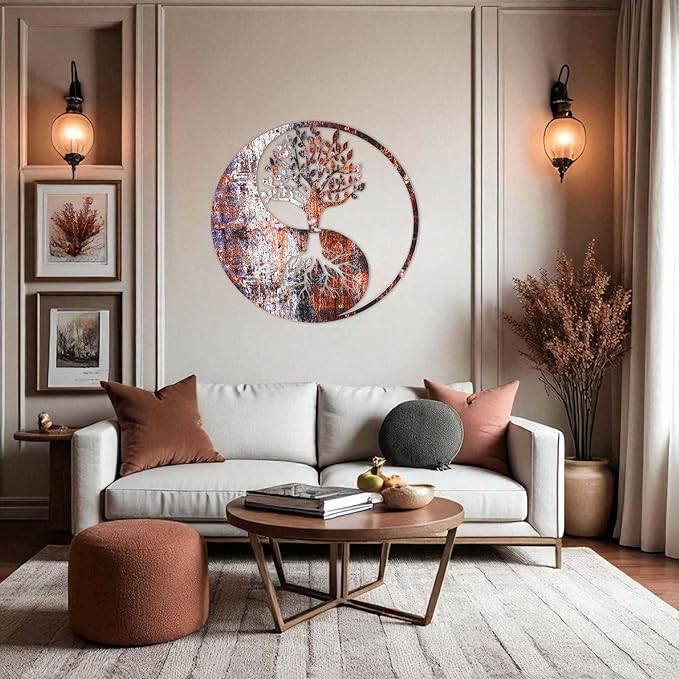 Venovez Yin Yang Wall Decor (Wood-Metal) Tree of Life Wall Art, Yin Yang Decor, Metal Wall Decor, Interior Decoration, Wall Hangings, Garden, Living Room, Office, Floating Effect, Easy to Hang