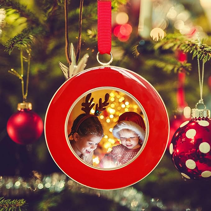 Christmas Picture Frame Ornaments - Set of 4 Red 2.5x2.5 Inch Mini Frames with Red Ribbon, Metal Photo Frames for Christmas Tree Decorations, Holiday Gift for Family & Friends