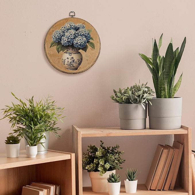 FUGWN Vintage Chinoiserie Vase Hydrangea Floral Round Wall Art Decor Framed, Grandmillennial Floral Canvas Artwork Print, Retro Flower Wall Hanging Decorations for Home Bedroom Gallery, 10x10 Inch