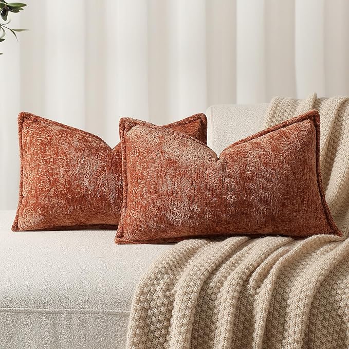 Pack of 2 Burnt Orange Fall Decorative Throw Pillow Covers 12x20 Cozy Soft Chenille Accent Vintage Rectangular Lumbar Couch Pillow Covers for Home Decor Bed Sofa Living Room