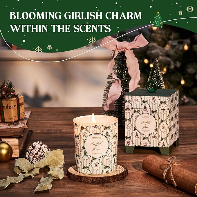 M&SENSE Christmas Holiday Candle - Frosted Pine Scent, 7.4oz Soy Wax, Winter Scented Candle Gift for Women and Teen Girls