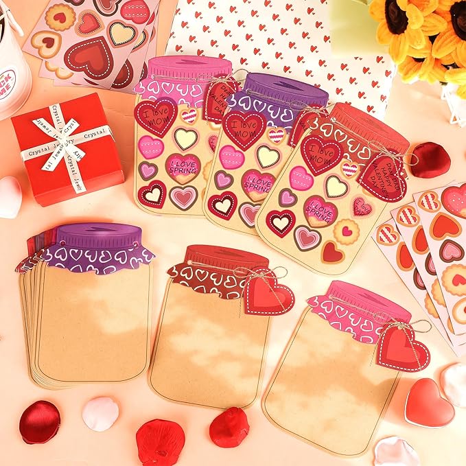 30 Sets Valentines Day Gift Cards Mason Jar Valentine Love Candy Jar Craft Kit with Heart Stickers Make Your Own Paper Greeting Card Decor Exchange Gift for Kids Mom Adults School Classroom Activity