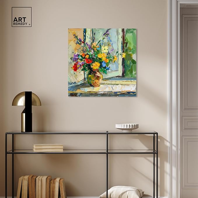 Art Remedy Vase By The Window Gallery Wrapped Impressionism 1 Piece Canvas Wall Art/Monet And Van Gogh Inspired Art, 24" x 24", Gallery Wrapped