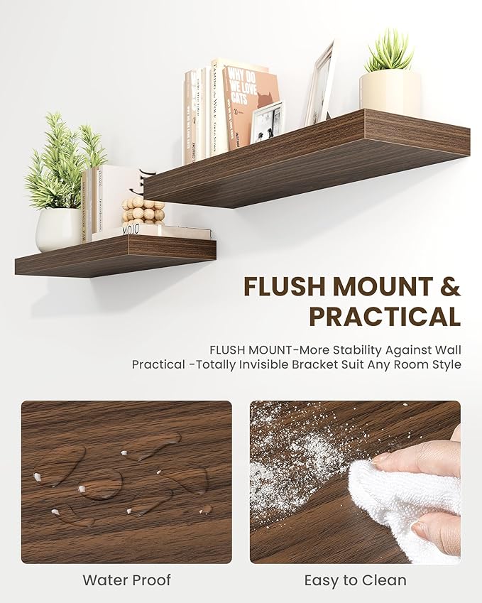 Marsmiles 32" Floating Shelves for Wall, Wooden Shelves with Invisible Brackets Set of 2, Rustic Farmhouse Wall Mounted Shelf for Kitchen Bathroom Living Room Study, Walnut