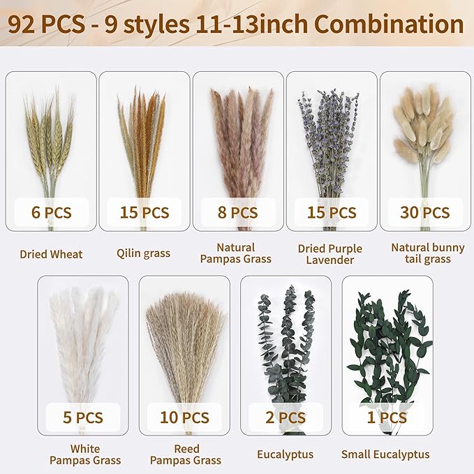 Bpole Dried Pampas Grass Bouquet - 92 PCS Pampas Grass Decor with Bunny Tails,Eucalyptus & Lavender Dried Boho Flowers for Vase Wedding Home Table Decor,Rustic Farmhouse Party
