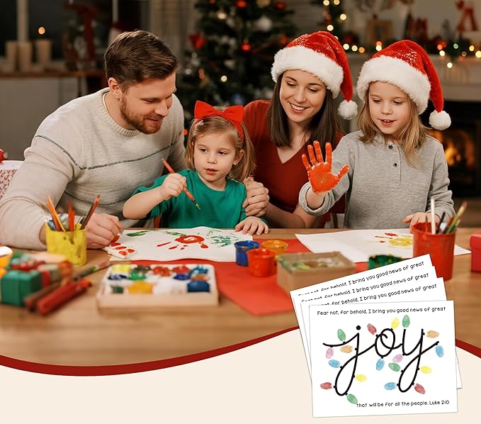 Joy Christmas Fingerprint Art Craft Kit for Family Activities, 10 Pcs Christmas Crafts Bulk DIY Handprint Card Making, Funny Finger Paint Keepsake Gift for Mom Dad Grandma Grandpa