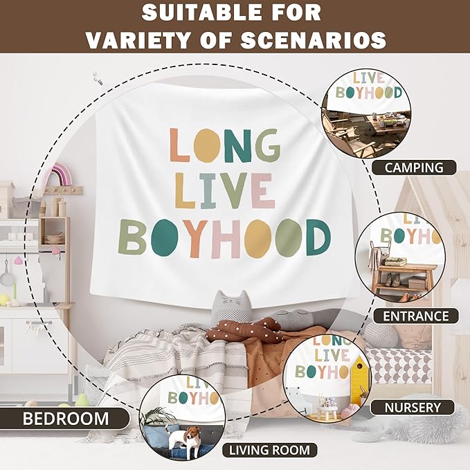XLDLIOO Boho Classroom Tapestry, Long Live Boyhood Wall Tapestry, Boho Classroom Decor, Inspirational Wall Decor Art for Kids Boys Toddler Nursery Room Playroom, 50x60in