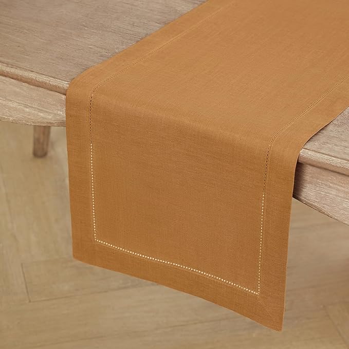 Solino Home Linen Table Runner 48 Inches - 100% Pure Linen Brown Sugar Hemstitch Table Runner 14 x 48 Inch Ideal for Dresser and Coffee Tables - Classic Hemstitch