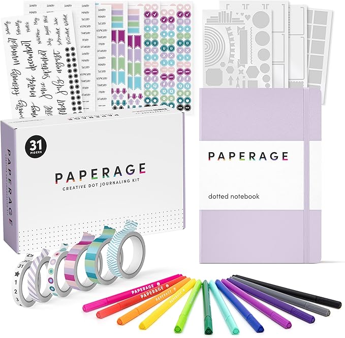 PAPERAGE Bullet Style Journal Kit, Dotted Journaling Set & Stationary Kit, Hardcover Dotted Journal Notebook (Lavender), 12 Fineliner Pens, 8 Sticker & 4 Stencil Sheets, 6 Washi Tapes