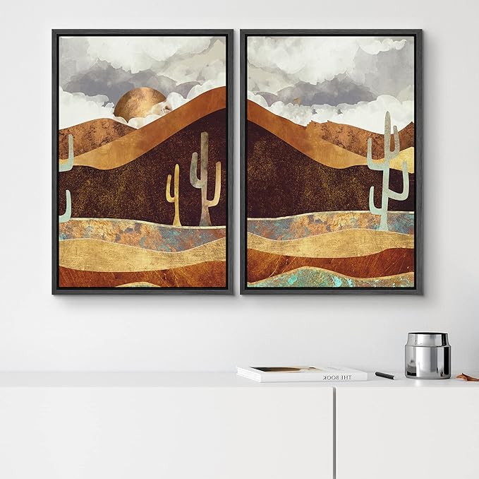 SIGNWIN Framed Canvas Print Wall Art Set Geometric Granite Desert Cactus Landscape Nature Wilderness Illustrations Modern Art Scenic Colorful for Living Room, Bedroom, Office - 24"x36"x2 Black